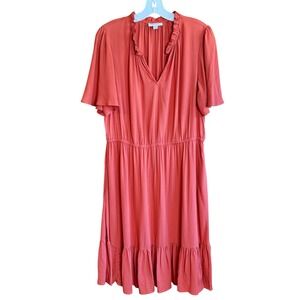 Knox Rose‎ Women's Pumpkin Color Ruffle V Neck Elastic Waist Midi Dress Size L